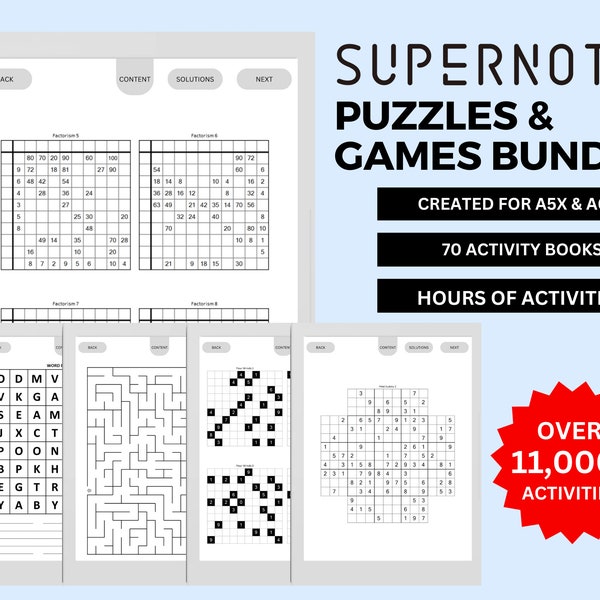 Supernote A5X en A6X Nomad Puzzle Activity Digitale download (RUIM 11.000+ activiteiten) 70 PDF's (Sudoku, Woordzoeker, kruiswoordraadsels, doolhoven enz.)