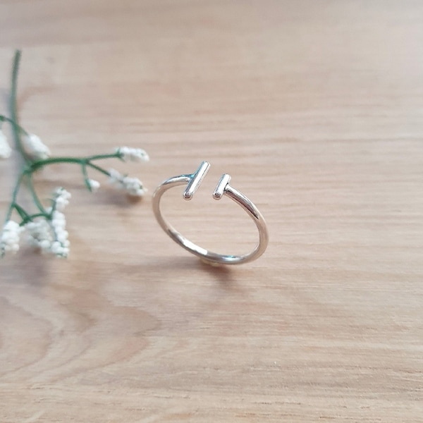 Bague T semi-ouverte en Argent 925 avec Double Barre, Bijou Réglable, Minimaliste et Moderne