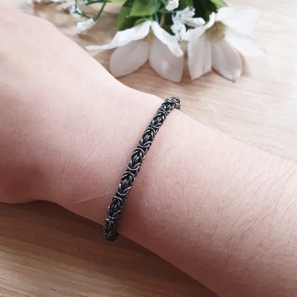 Bracelet Chaîne Byzantin en Argent Patiné Noir, Longueur au Choix, Bijoux Mixte Maille Royale Noir