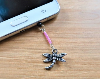 Anti-dust Libelulle and its Little Pink Pearls, Anti-Dust Plug, Mobile Keychain Protection Phone Jack, Kawaii Plug