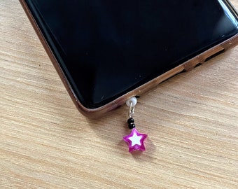 Estrella y perlas moradas a prueba de polvo, tapón antipolvo para teléfono en forma de estrella, llavero móvil, protección para toma de teléfono