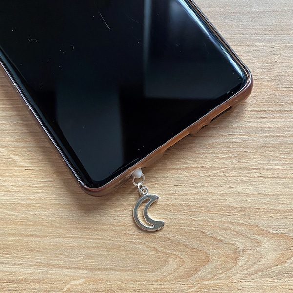 Silver Moon Jack Socket Cover for Mobile Phone or Tablet, Dustproof, Mobile Key Ring, Kawaii Plug