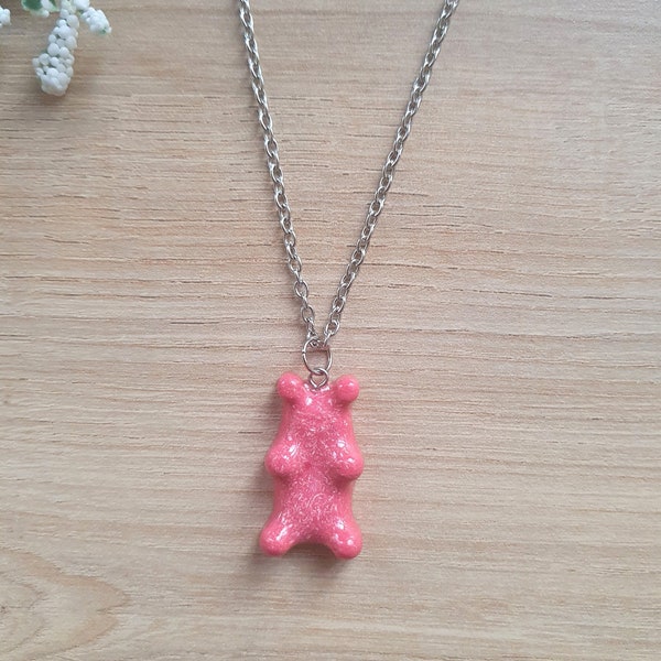 Collier Ourson en Résine avec la Chaîne Réglable en Acier Inoxydable, Bijou Kawaii inspiration au Bonbon Haribo