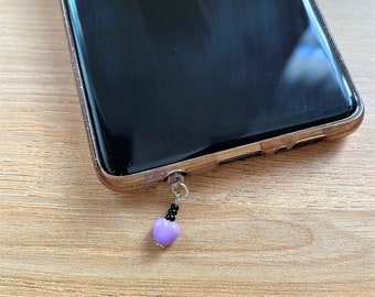 Anti dust Mobile Keychain Heart Purple and Beads, Protection for Phone and Tablet Jack Plug, Kawaii Cap