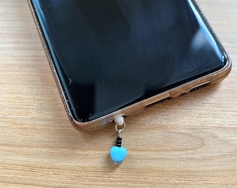 Protection for Phone Jack Socket, Anti-Dust Key Ring for Mobile and Tablet Pastel Blue Heart and Black Pearls, Kawaii Cap