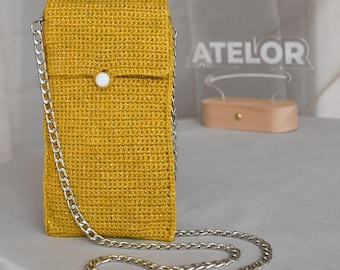 Yellow Crochet Phone Bag with Acrylic Sequins, Stainless Steel Chain, Handmade in France, Unique Creation, Cute Kawaii Bag