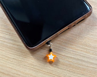 Protection for Phone Jack Socket, Anti-Dust Key Ring for Mobile and Tablet, Orange Star and Black Beads, Kawaii Cap