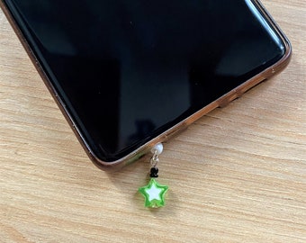 Protection for Phone Jack Socket, Anti-Dust Key Ring for Mobile and Tablet Green Star and Black Beads, Kawaii Cap