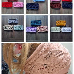 May include: A collection of knitted headbands in various colors, including red, pink, blue, and brown. The headbands feature a textured, woven design. One image shows a person wearing a light pink headband with a leaf pattern.