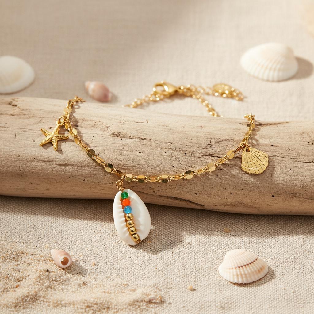 Chaîne De Cheville Métal - Étoiles De Mer, Perles Et Chouette - Neuf Sans Emballage