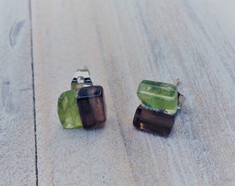 Green and Brown Color Block Stud Earrings