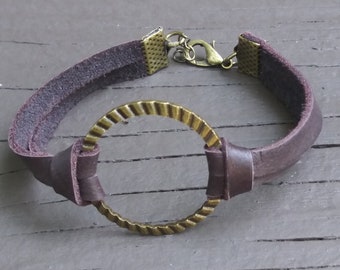 Dark Brown Lambskin and Brass Ring Bracelet