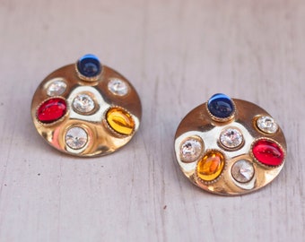 80's Clip-on Earrings with colourful rhinestones / Golden / 80's Costume Jewellery / Red Yellow Blue Rhinestone / 80's Earrings