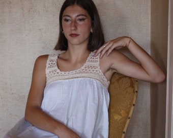70’s Cotton Nightgown with Macramè Straps / Long Dress / 70s Clothing / Vintage Pajamas / Vintage Slip Dress / Handmade
