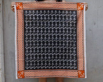 Vintage Anchor Pattern Cotton Foulard / Black and Orange / Vintage Scarf / From the 70s