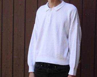 90's White Ermenegildo Zegna Polo Jumper / Long sleeves / Cotton Jumper / 90's clothing / Vintage menswear / Ribbed material