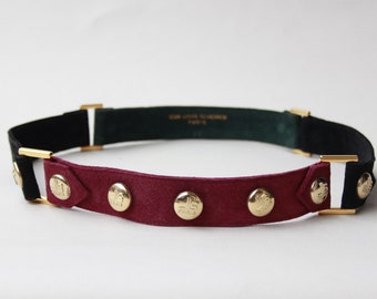 Authentic Jean Louis Scherrer Paris Vintage Leather Belt / Suede belt with golden monogram details / Bordeaux, Black and Green Suede