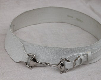 Vintage White Max Mara Belt / Crocodile Print / 90s Belt / 90s Accessory / Metallic Details / Maxi Belt