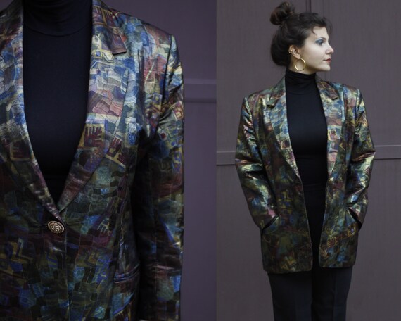 80s Abstract Pattern Blazer with Shiny Fabric / C… - image 1