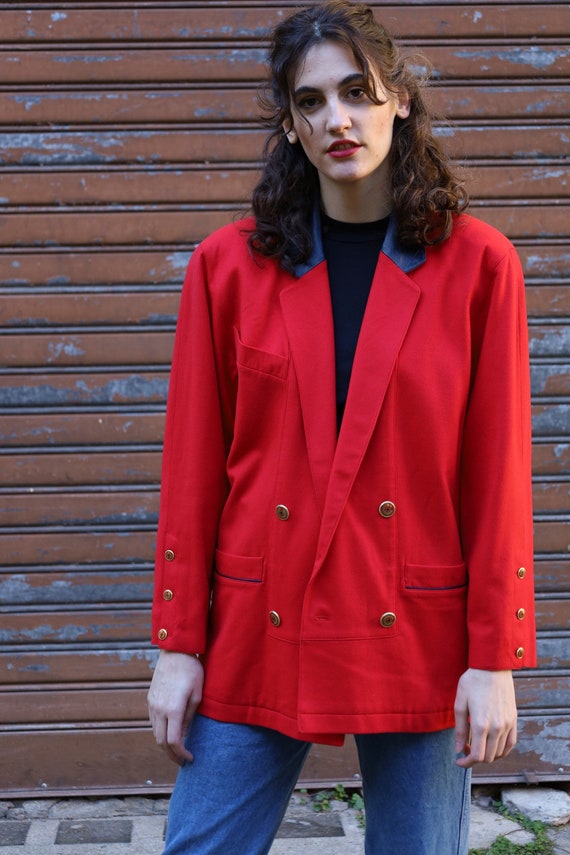 Blazer rosso oversize anni '80 con colletto in pelle giacca