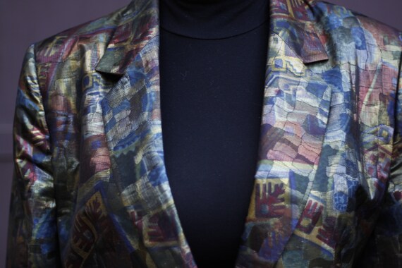 80s Abstract Pattern Blazer with Shiny Fabric / C… - image 8