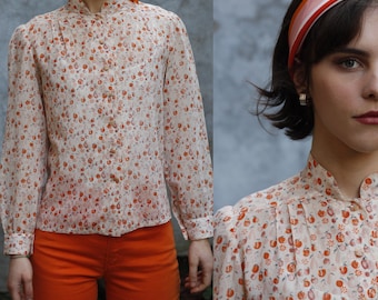 80’s Fruit Pattern Orange Shirt / 80’s clothing / Long Sleeves / Mandarin Collar / Retro Blouse / Button down shirt / Handmade