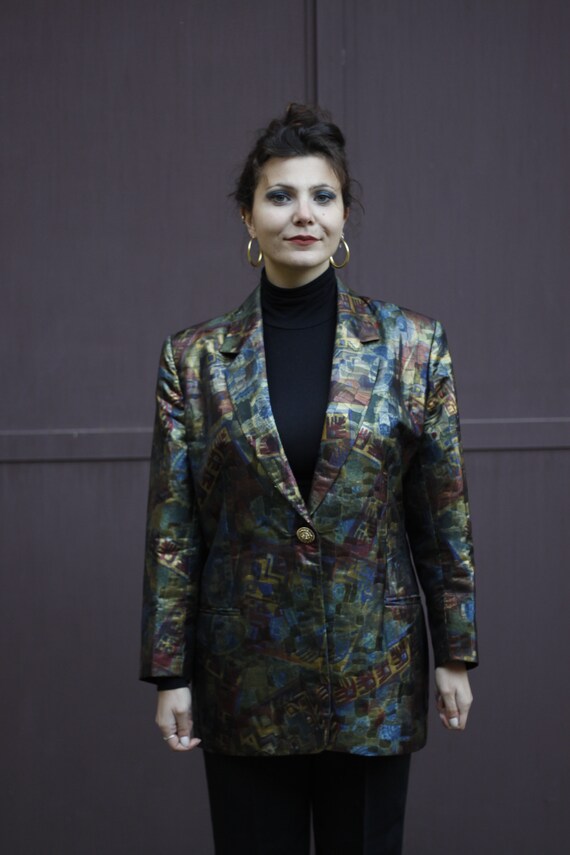 80s Abstract Pattern Blazer with Shiny Fabric / C… - image 6