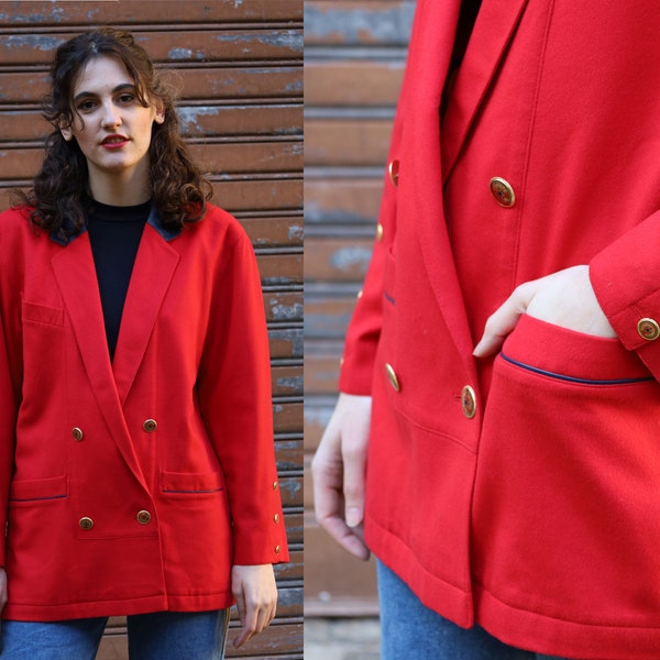 Blazer rosso oversize anni '80 con colletto in pelle / giacca vintage / abbigliamento anni '80 / iconico / doppiopetto / abiti autunnali