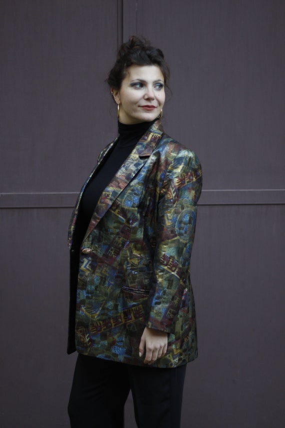 80s Abstract Pattern Blazer with Shiny Fabric / C… - image 4