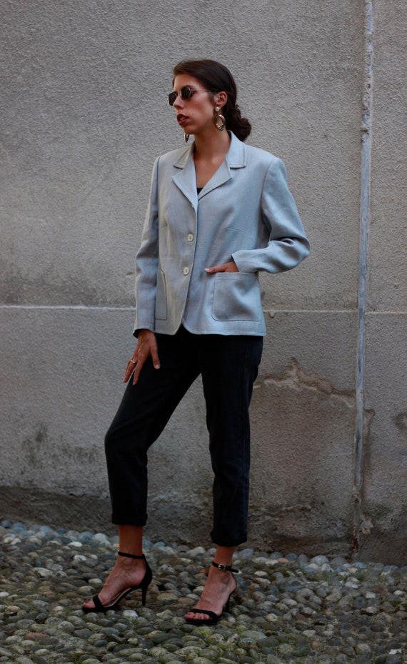 Vintage 70's Linen Blazer / Light Grey / Light Blu
