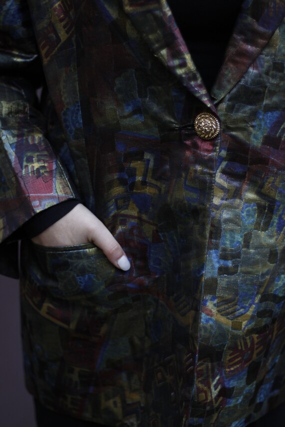 80s Abstract Pattern Blazer with Shiny Fabric / C… - image 10