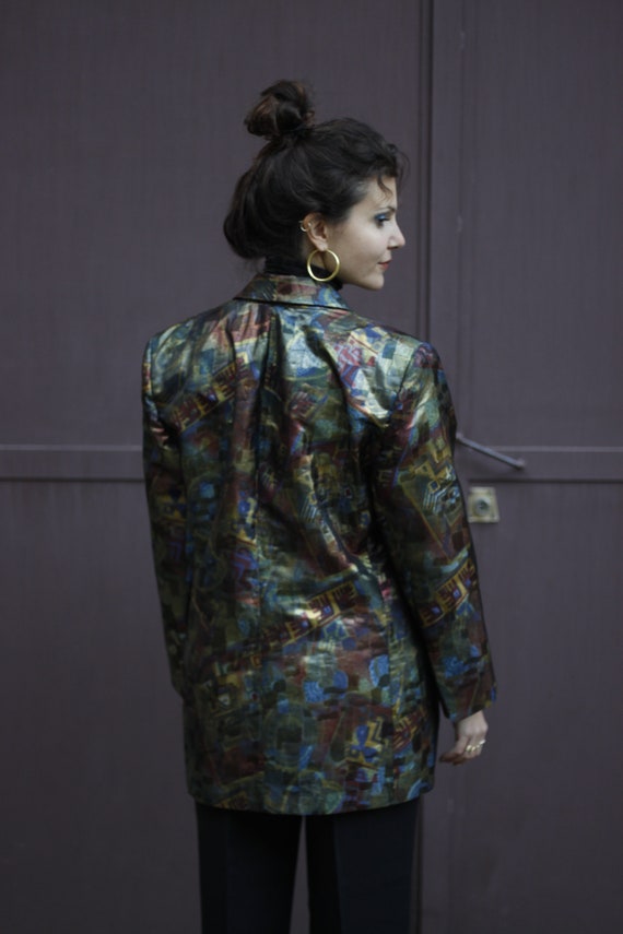 80s Abstract Pattern Blazer with Shiny Fabric / C… - image 5