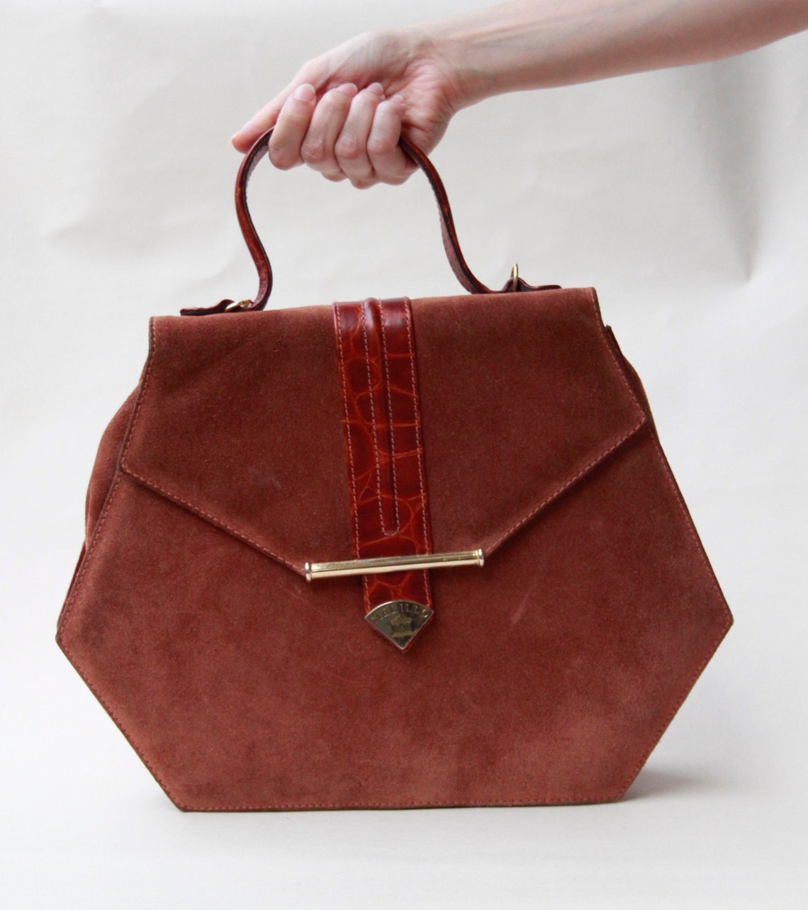 90s Brown Suede Exagonal Hand Bag / Handbag / 90s Accessory / Etsy