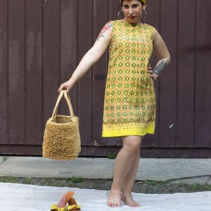 60s Geometrical Pattern Mini Dress / Vintage Yellow Dress / Geometric Pattern / 60s Clothing / A-line Mini Dress / Sleeveless Vintage Dress image 2