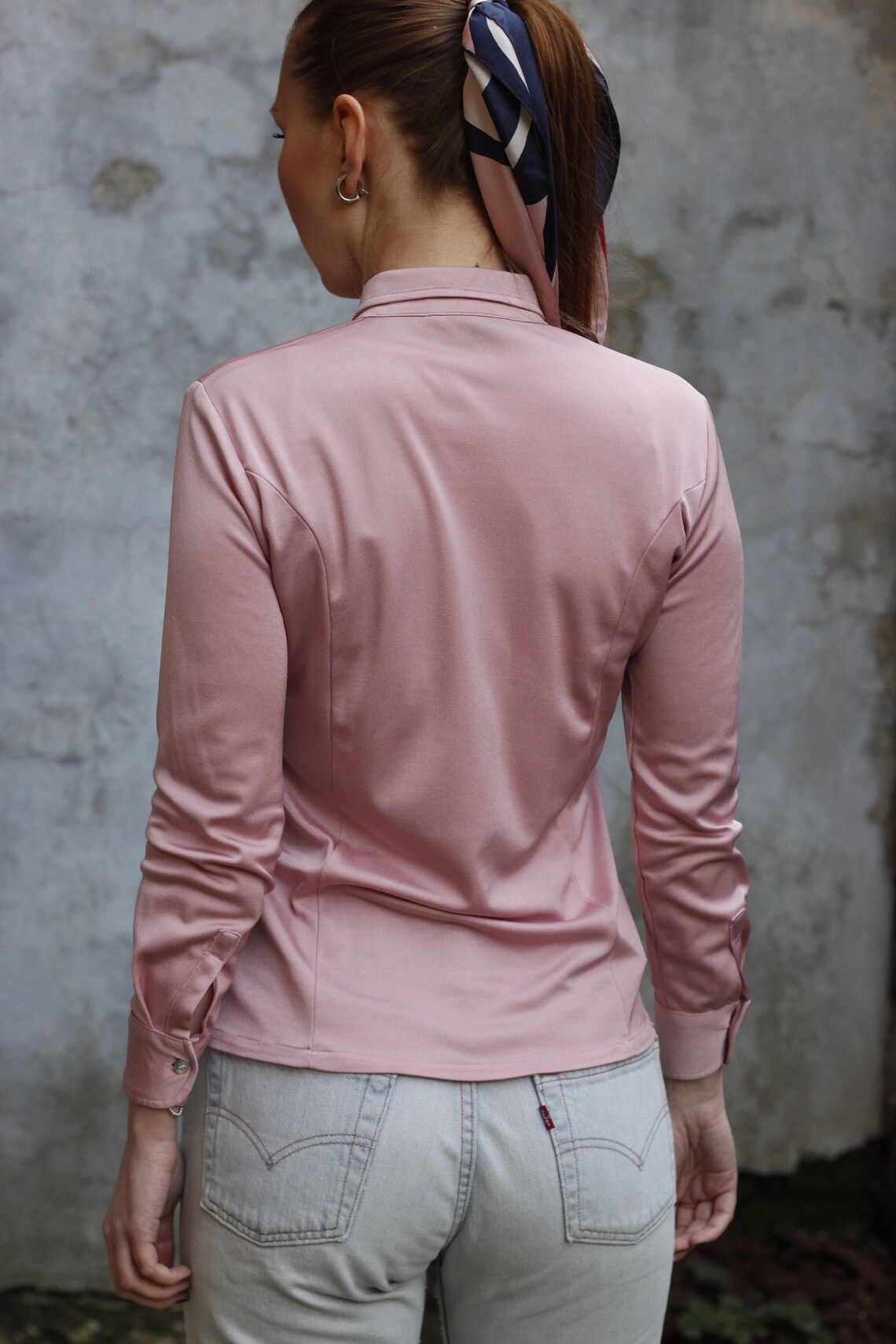 70s Pointed Collar Pink Shirt / Long Sleeves / Shiny / Retro Blouse