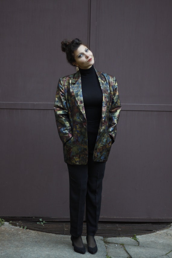 80s Abstract Pattern Blazer with Shiny Fabric / C… - image 2