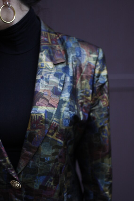80s Abstract Pattern Blazer with Shiny Fabric / C… - image 9