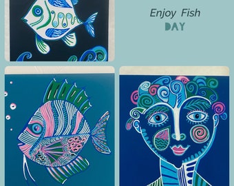 triptych paintings theme fish and contemporary face