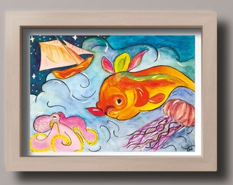 Poster card to print on the support of your choice Handmade watercolor fantasy art scanned to print at home "under the sea"