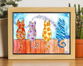 Print card cats on wooden fence looking at the night sky