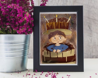 Birthday card of a boy coming out of a chocolate cake with candles