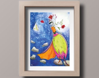 Card poster board to print on the support of your choice Handmade watercolor fantasy art scanned to print at home
