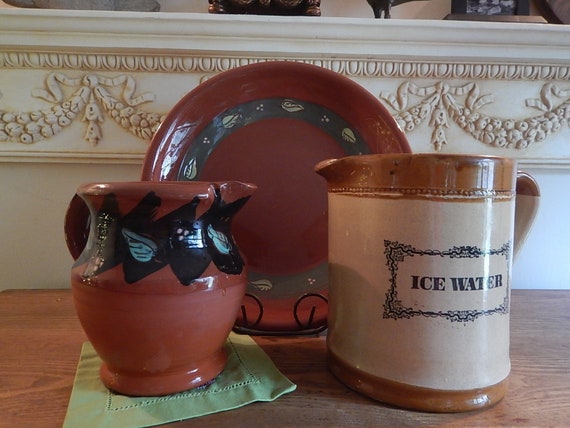Redware Platter With Green Slip Decorations
