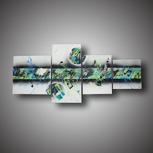May include: A five-piece abstract art painting set with a musical theme. The paintings feature black musical notes, a clarinet, and splashes of green, blue, and white paint on a white background.