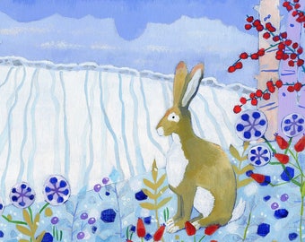 Winter Hare art print - Christmas hare illustration - giclee art Hare print - A3 wall art print - Field End House print
