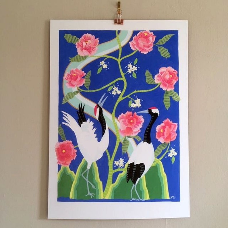 Peony Tree Art Print Garden Wall Art Japanese Crane Illustration Giclee Print New Home Art Print