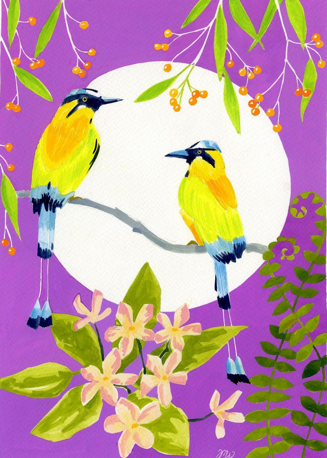 希少 アート 大型本 TROPIAAL ART Birds and Leaves Turquoise Browed Mot Mot Bird Print - Home Decor - Wall Art