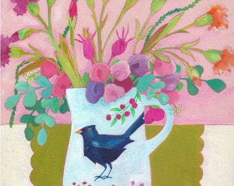 Blackbird Floral Jug  Print: Songbird Garden art