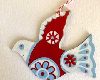 Folk Art Bird Ornament: Hand-Painted Birchwood Christmas Decor