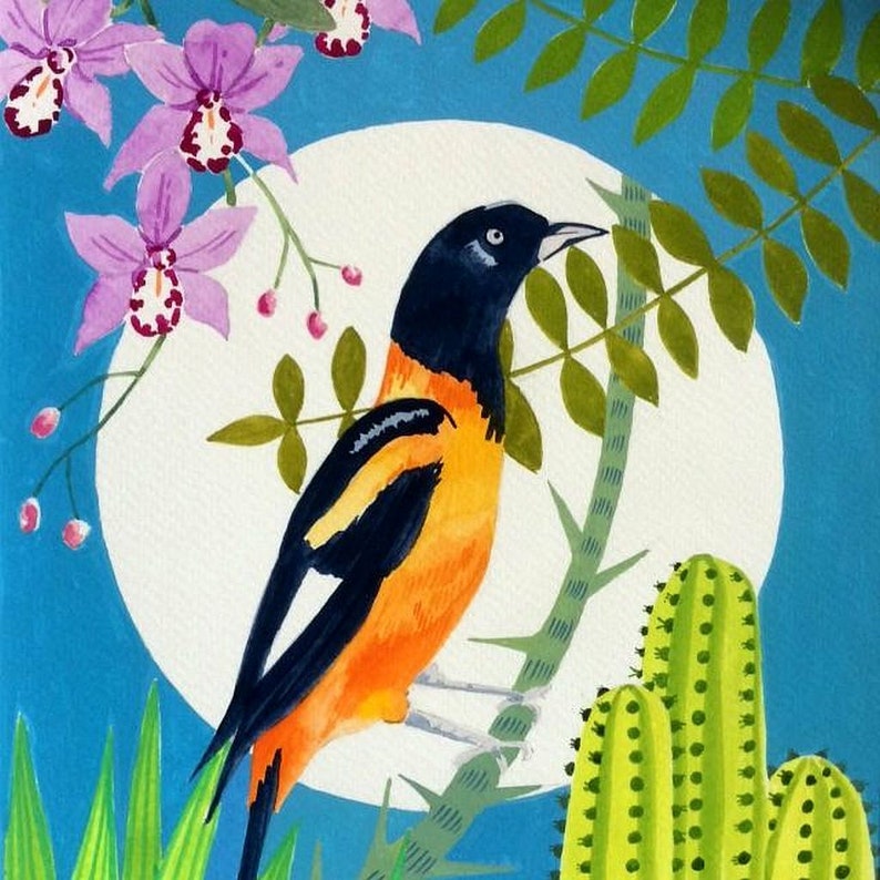 Pu&ograve; includere: Un dipinto ad acquerello di un uccello arancione brillante e nero appollaiato su un ramo con foglie verdi. L'uccello &egrave; di fronte a un cerchio bianco su uno sfondo blu. Ci sono orchidee rosa e cactus verdi sullo sfondo.